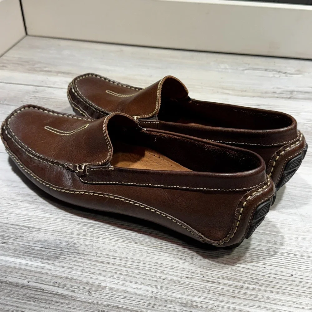 Clark's Driving Loafers Men 10.5 Brown Slip On Leather Loafers Stitching England